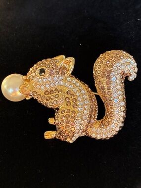 Napier Gold-Tone Crystal Squirrel Brooch with Faux Pearl Accent